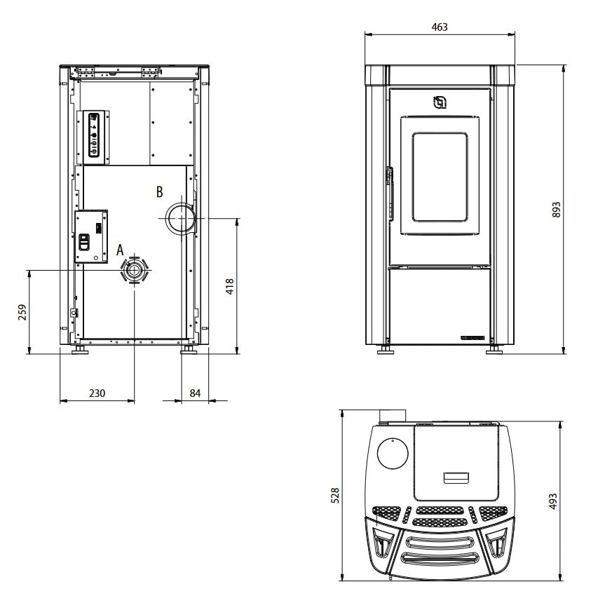 Extraflame belüfteter Pelletofen MOIRA EVO Weiß Masszeichnung | Klimaworld.com