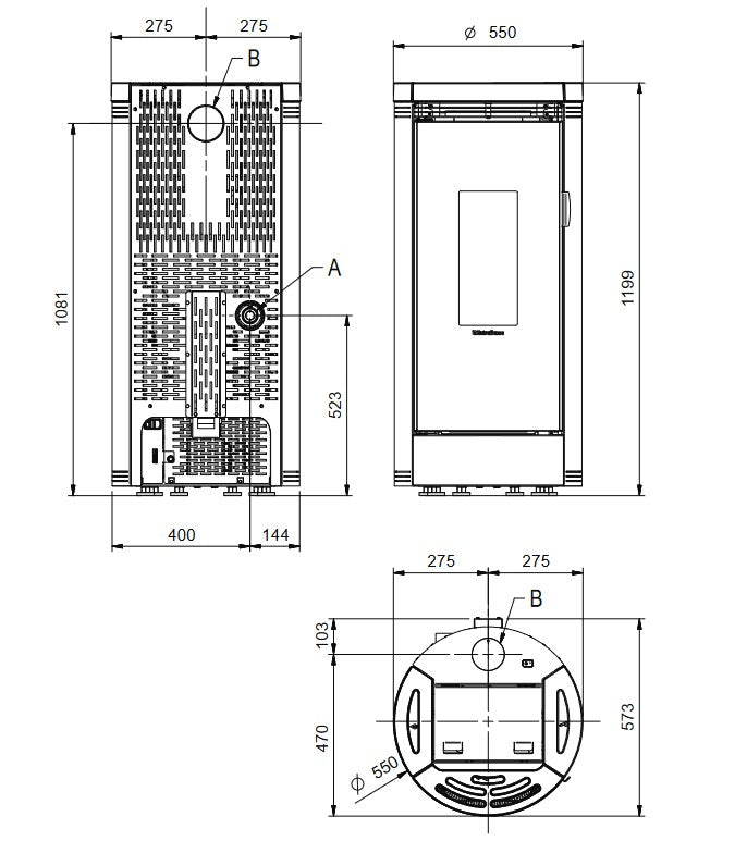 Extraflame belüfteter Pelletofen DEBBY EVO Schwarz Maßzeichnung | Klimaworld.com