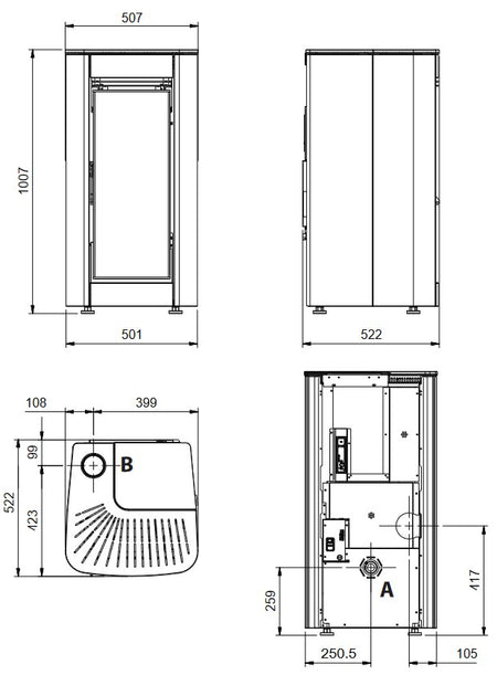 Extraflame belüfteter Pelletofen ILARY TOP Weiß Maßzeichnung | Klimaworld.com