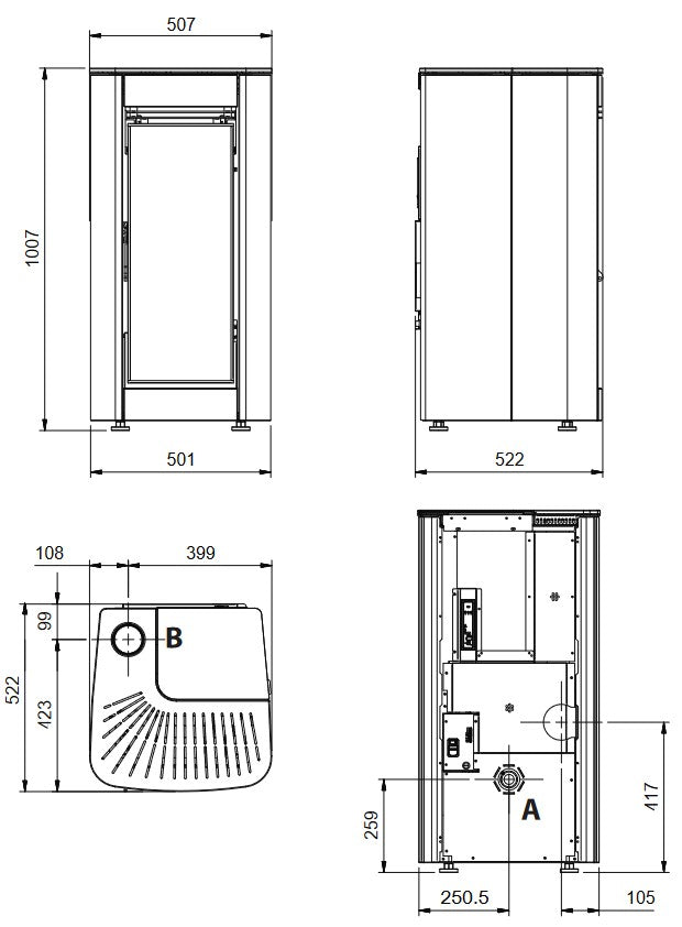 Extraflame belüfteter Pelletofen ILARY TOP Schwarz Maßzeichnung | Klimaworld.com