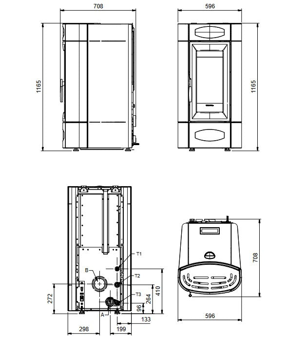 Extraflame belüfteter Pelletofen ISIDORA IDRO H16 5.0 Masszeichnung | Klimaworld.com