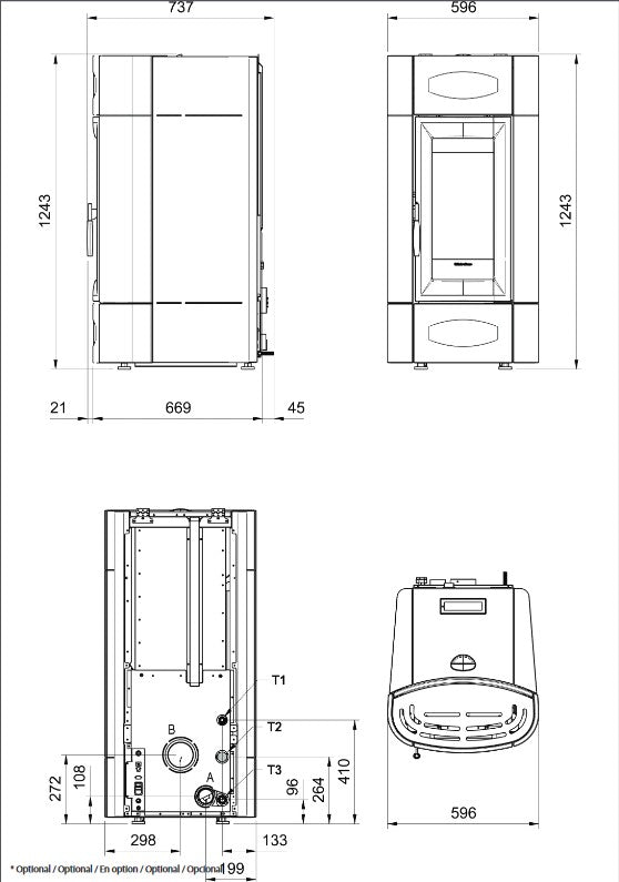 Extraflame belüfteter Pelletofen ISIDORA IDRO H23 5.0 Masszeichnung | Klimaworld.com