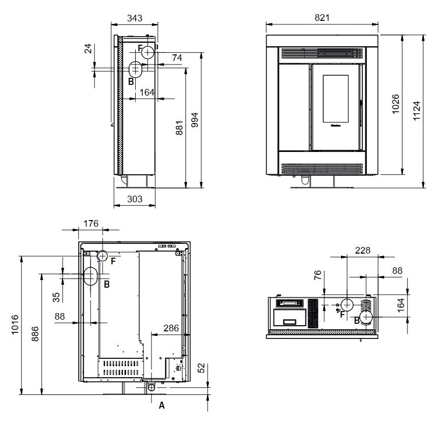 Extraflame Pelletofen SOUVENIR PLUS PETRA 5.0 Masszeichnung | Klimaworld.com