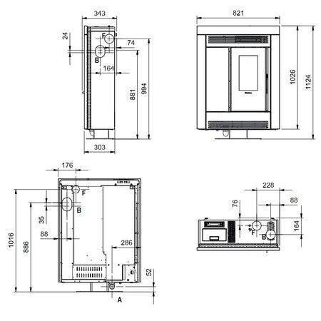 Extraflame Pelletofen SOUVENIR PLUS PETRA 5.0 Masszeichnung | Klimaworld.com