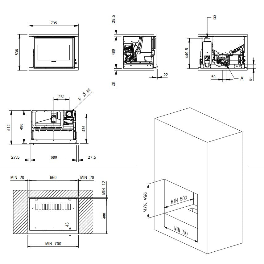 Extraflame Pellet-Kamineinsatz COMFORT P70 H49 5.0 Masszeichnung | Klimaworld.com