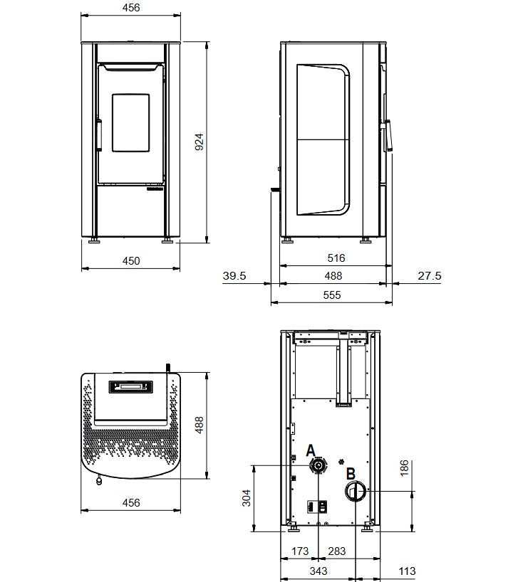 Extraflame beluefteter Pelletofen SABRY 5.0 EVO Masszeichnung | Klimaworld.com