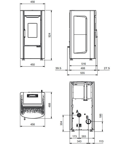 Extraflame beluefteter Pelletofen SABRY 5.0 EVO Masszeichnung | Klimaworld.com