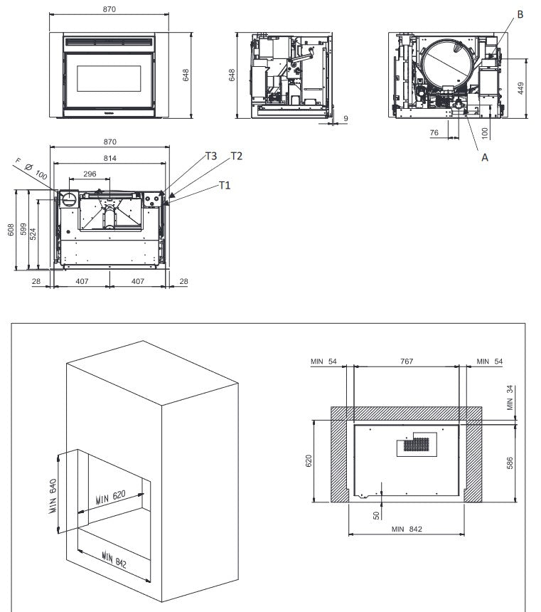 Extraflame wasserführender Pellet-Kamineinsatz COMFORT IDRO L80.16 Masszeichnung | Klimaworld.com