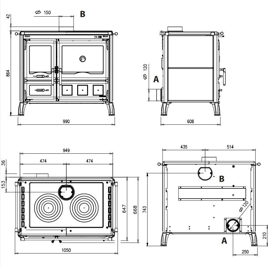 La Nordica Holzherd GARDENIA XXL STEEL Maßzeichnung | Klimaworld.com