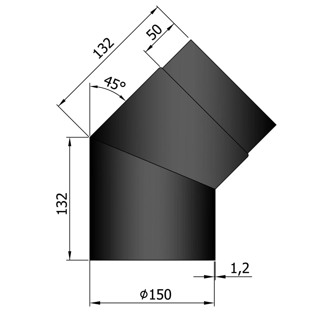 TermaTech | Bogen 45° | Ø 150 | 132×132 mm | Schwarz emailliert