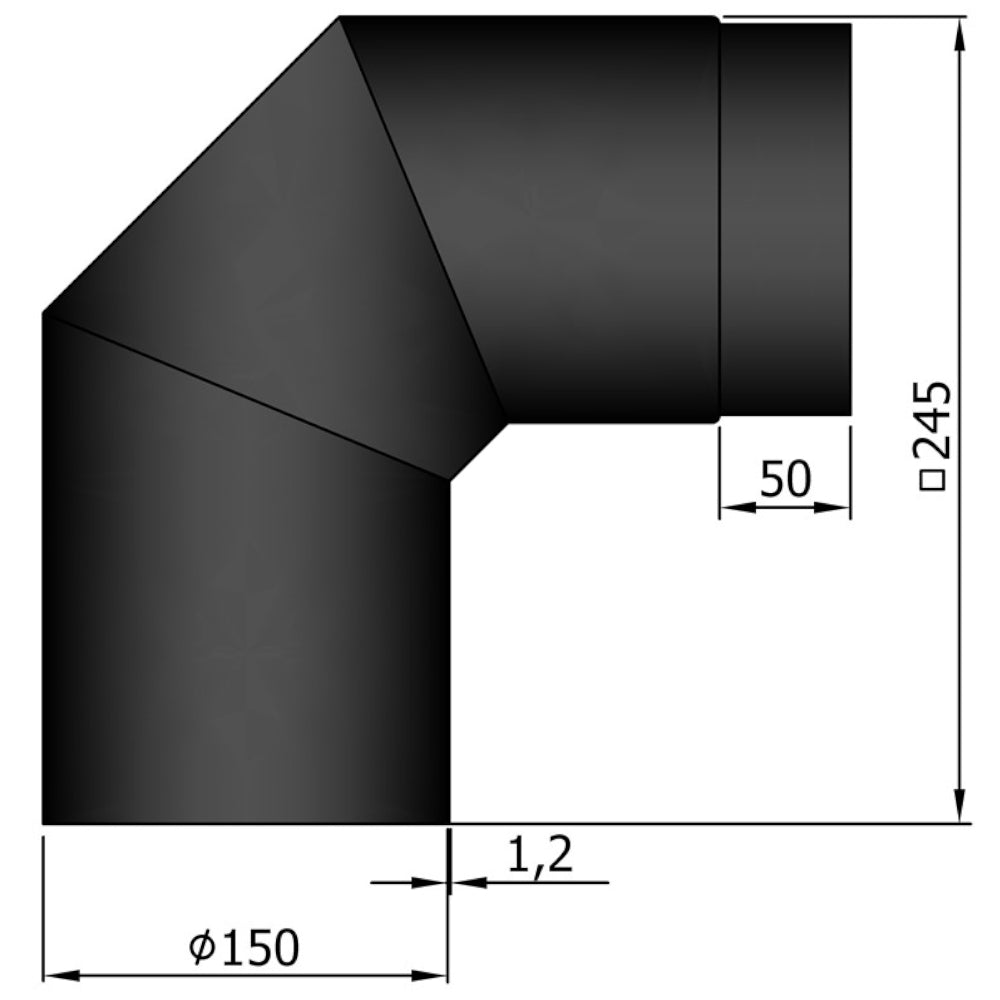 TermaTech | Bogen 90° | Ø 150 | 245×245 mm | Schwarz emailliert