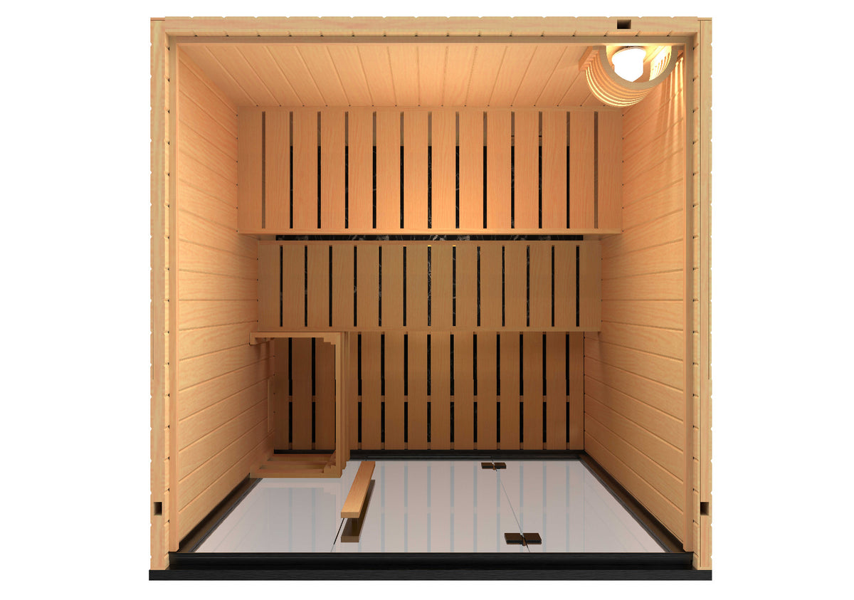 Sentiotec Saunakabine Onni mit schwarzem Rahmen, Ansicht von oben | klimaworld.com