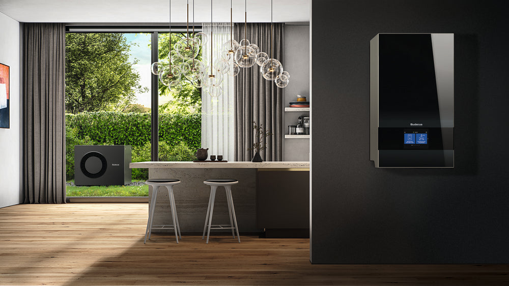 Buderus wandhaengende Waermepumpen-Inneneinheit Logatherm M WLW186i-12 AR E in Schwarz mit zentralem Farbdisplay | Klimaworld.com