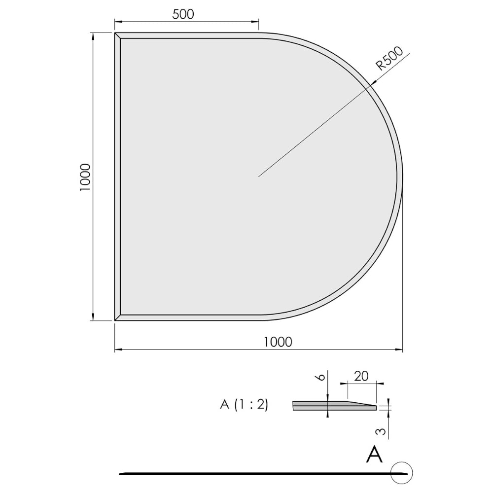 TermaTech | Bodenplatte Halbrund Facet | 1000×1000×6 mm | Glas 
