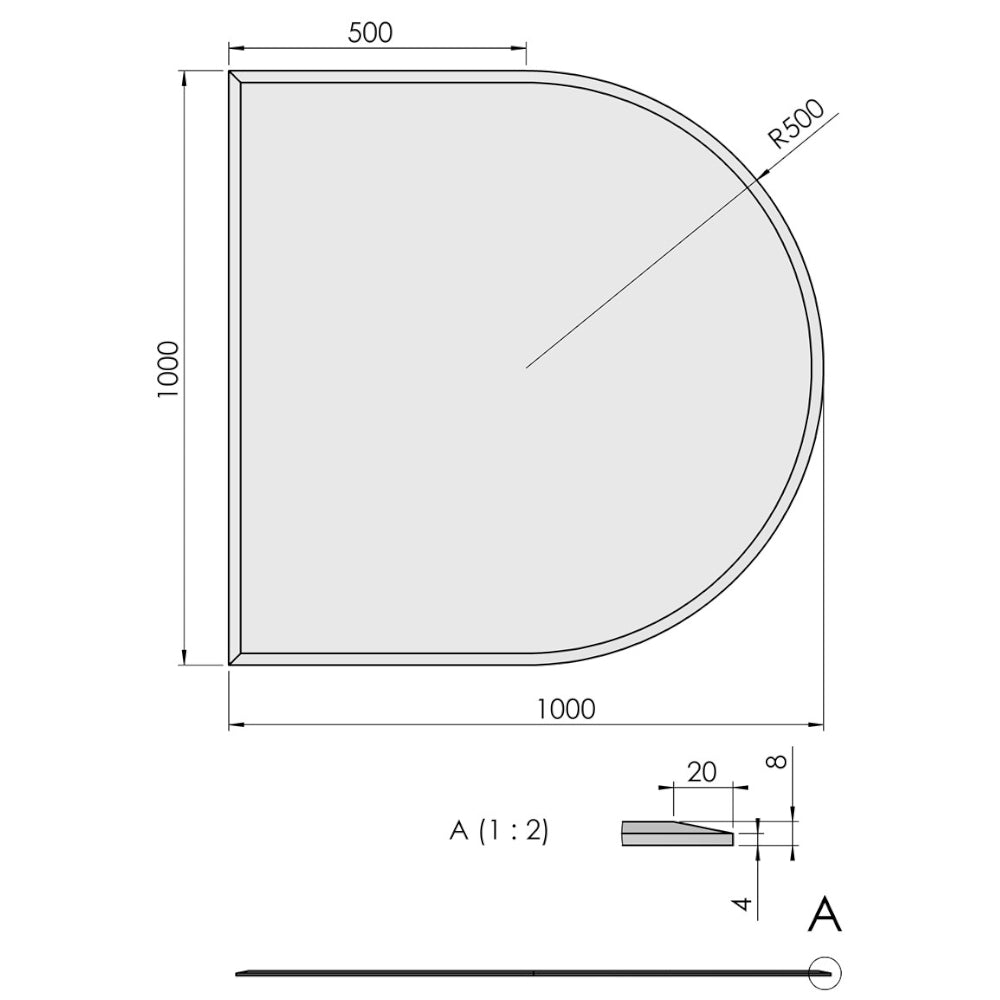 TermaTech | Bodenplatte Halbrund Facet | 1000×1000×8 mm | Glas 