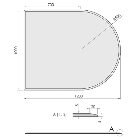 TermaTech | Bodenplatte Halbrund Facet | 1000×1200×8 mm | Glas 