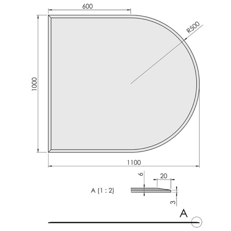 TermaTech | Bodenplatte Halbrund Facet | 1000×1100×6 mm | Glas 