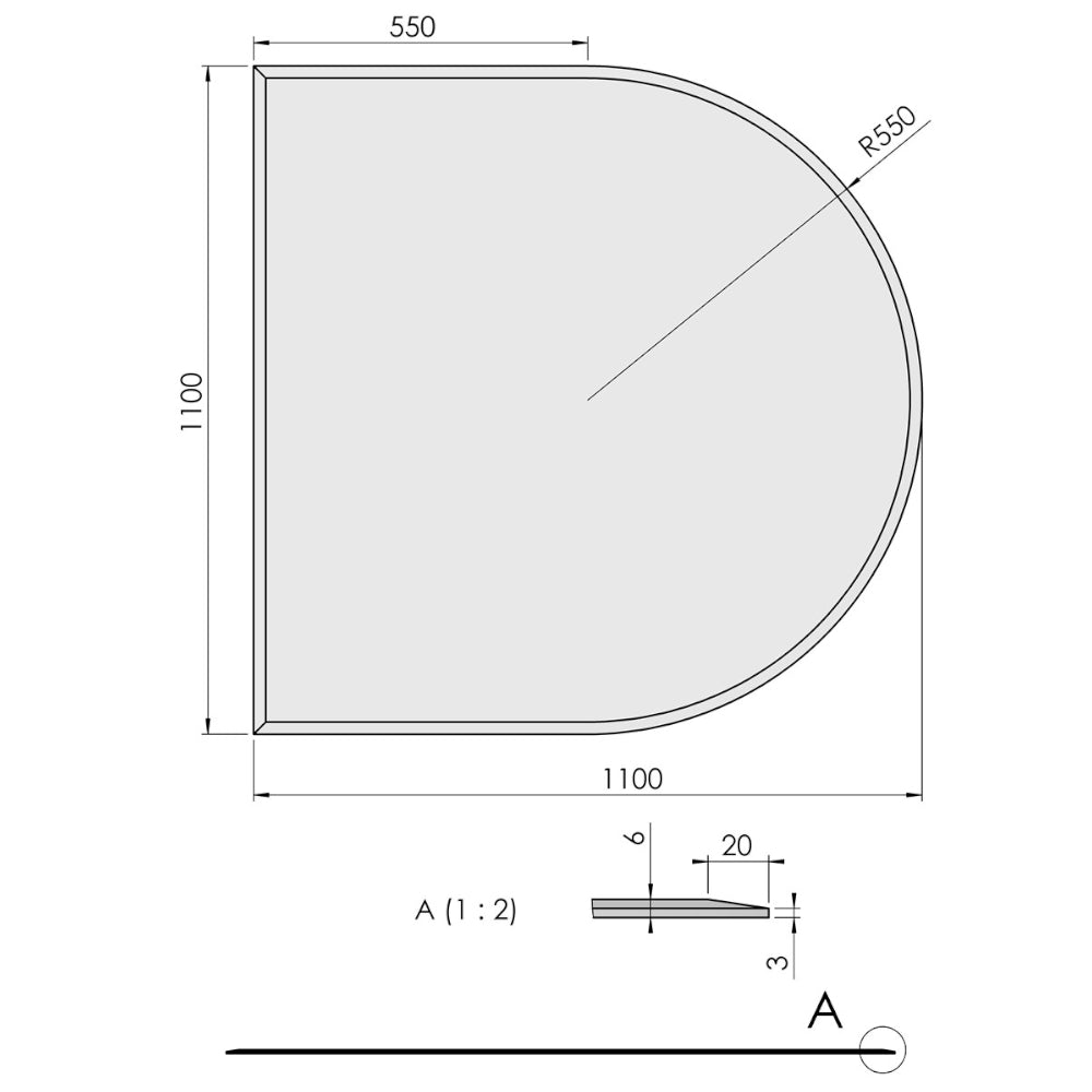 TermaTech | Bodenplatte Halbrund Facet | 1100×1100×6 mm | Glas 