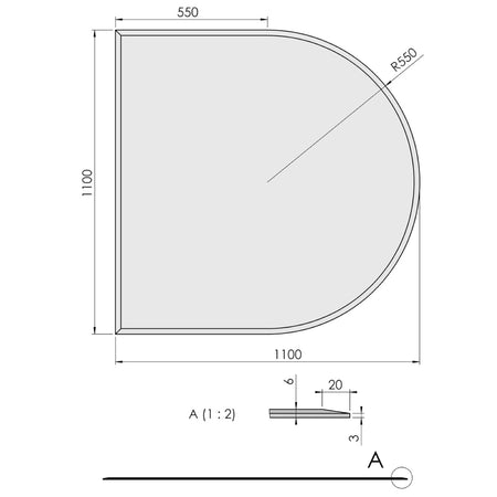 TermaTech | Bodenplatte Halbrund Facet | 1100×1100×6 mm | Glas 