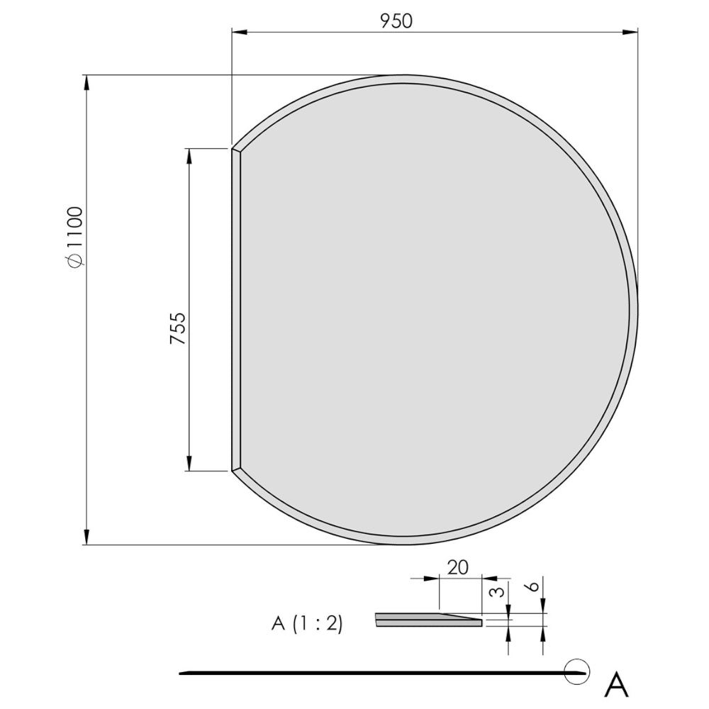 TermaTech | Bodenplatte Kreisabschnitt Facet | 1100×950×6 mm | Glas