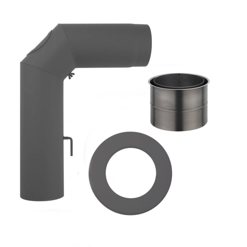 Kaminoflam Winkelrohr-Set mit Wandfutter und Rosette Ø150 mm gussgrau | B-Ware