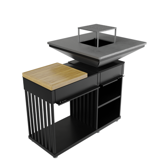 Kratki Grill / Feuerstelle Quadrum | mit Holzplatte | QUADRUM/BBQ/H/B ➔ www.klimaworld.com