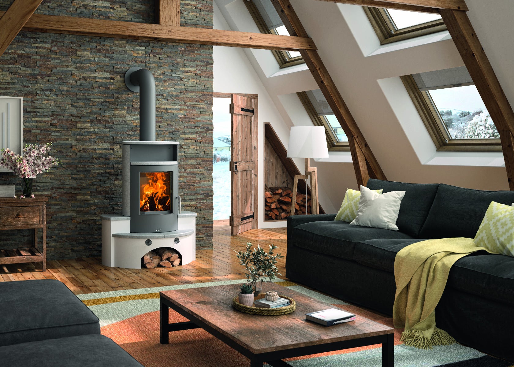 Justus Kaminofen Kaskade 2.0 Stahl Gussgrau, Speckstein Ambiente | klimaworld.com