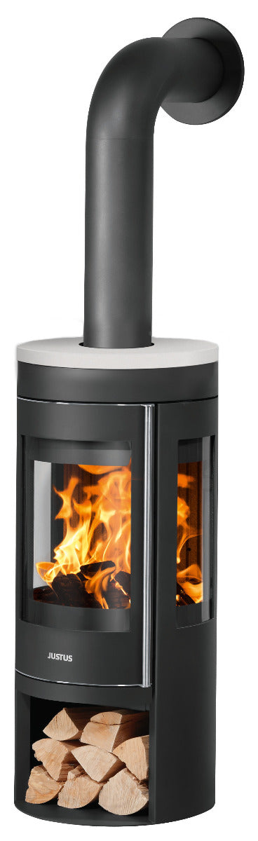 Justus Kaminofen Mino Trios 2.0 Stahl Schwarz, Abdeckplatte Keramik Seidenweiß | klimaworld.com
