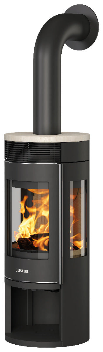 Justus Kaminofen Mino Trios 2.0 Stahl Schwarz, Abdeckplatte Sandstein | klimaworld.com