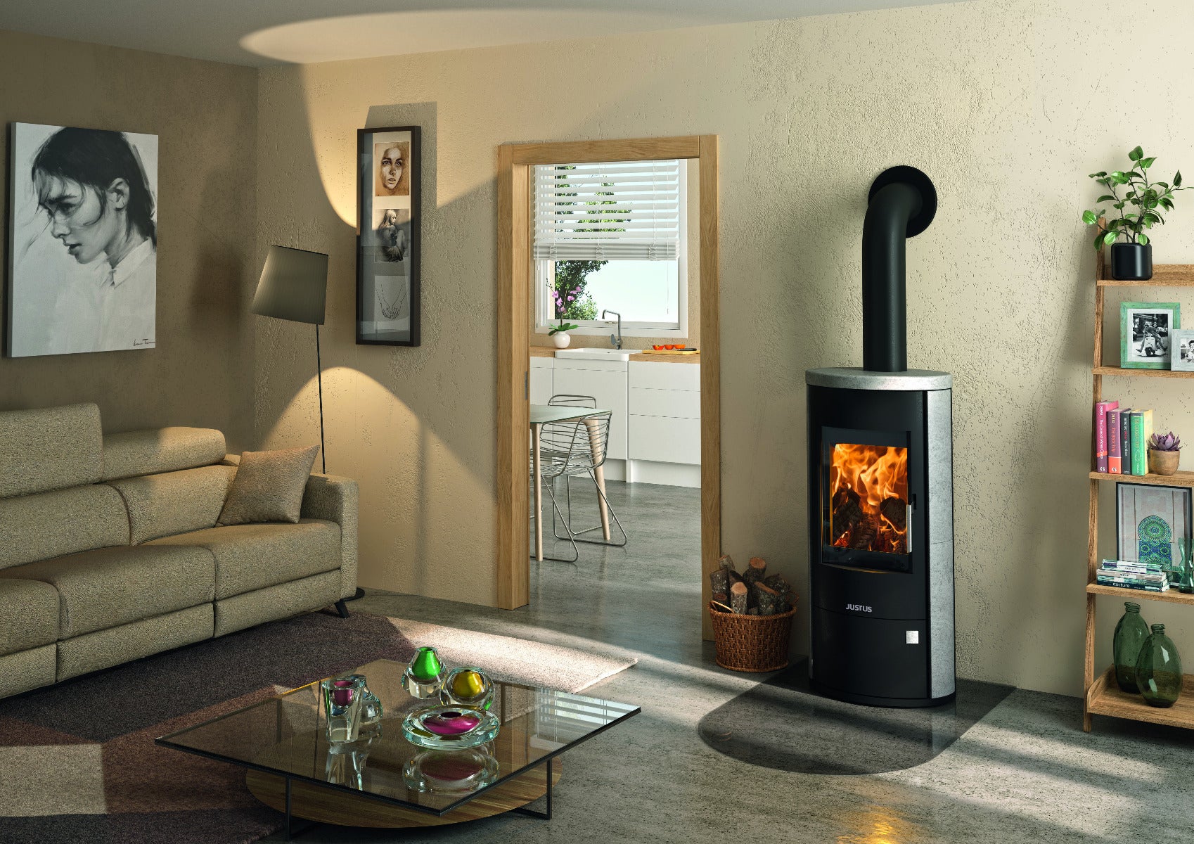 Justus Kaminofen Austin 7 Stahl Schwarz, Speckstein Ambiente | Klimaworld.com