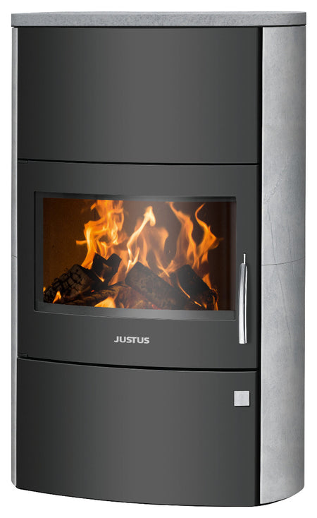 Justus Kaminofen Agero W+ Stahl Schwarz, Speckstein | klimaworld.com