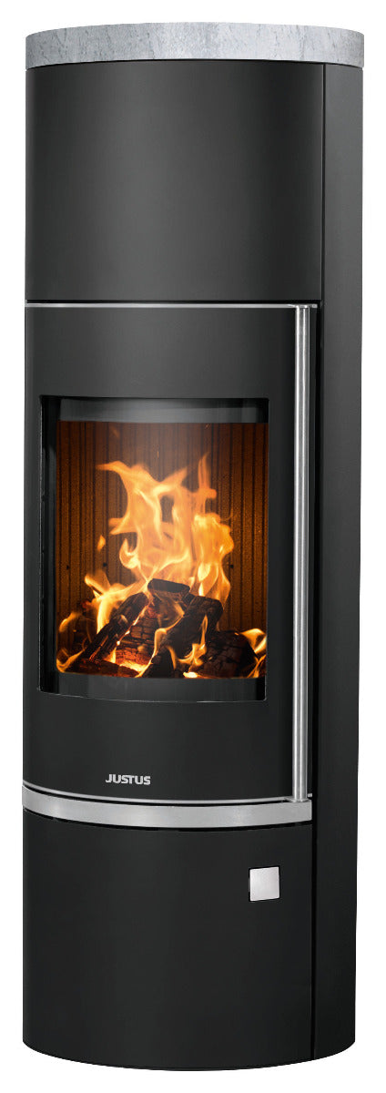 Justus Kaminofen Faro W+ 2.0 Stahl Schwarz, Abdeckplatte aus Speckstein | klimaworld.com