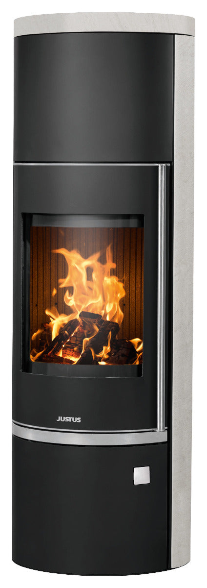 Justus Kaminofen Faro W+ 2.0 Stahl Schwarz, Kalkstein Bianco | klimaworld.com