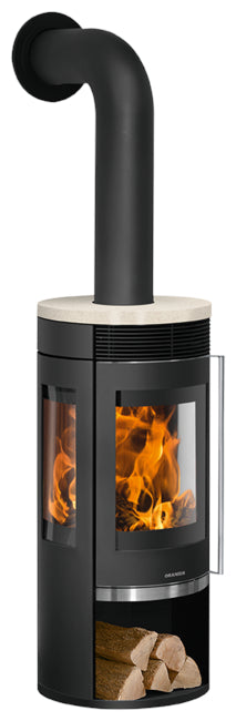 Oranier Kaminofen Rota Tre 2.0 Stahl Schwarz, Abdeckplatte Kalkstein Bianco | klimaworld.com