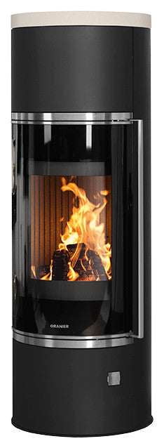 Oranier Kaminofen Arena W+ 2.0 | Stahl Schwarz, Abdeckplatte aus Kalkstein Cream | klimaworld.com