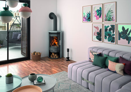 Justus Kaminofen Usedom 5 Stahl Gussgrau, Speckstein Ambiente | klimaworld.com