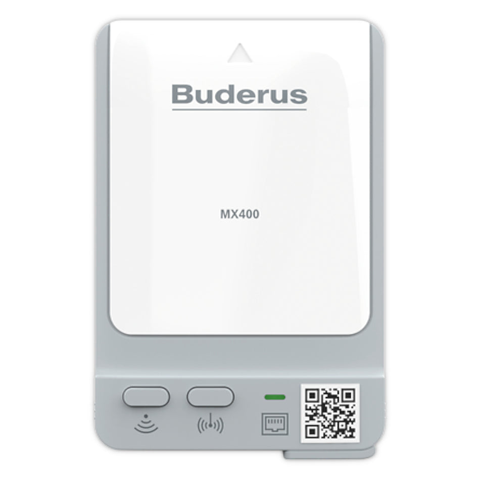 Weißes Buderus LAN- und Funkmodul MX400 mit grauem Rand, zwei Tasten, LED-Anzeige, LAN-Port und QR-Code | Klimaworld.com