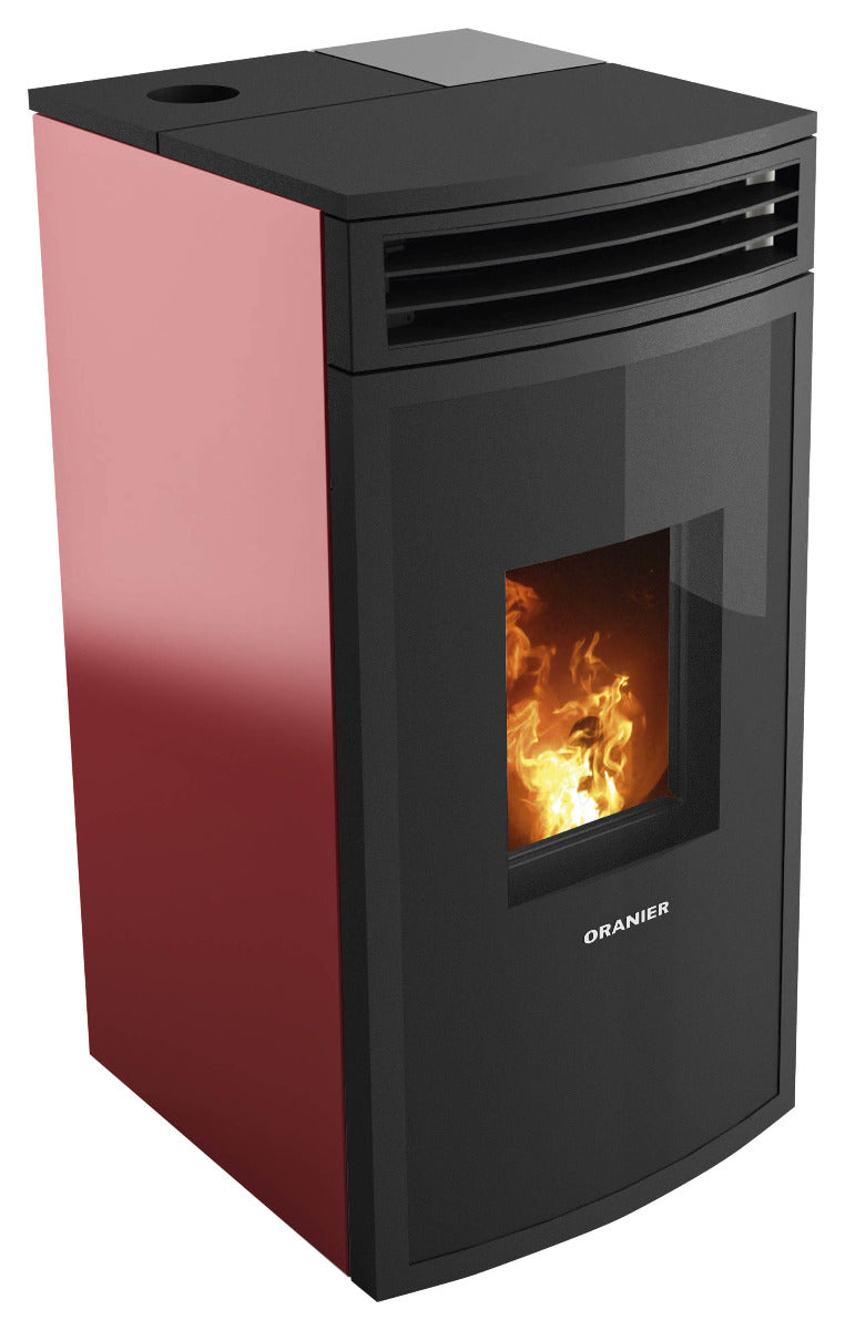 Oranier Pelletofen Neta Bordeauxrot, Anschluss oben | klimaworld.com