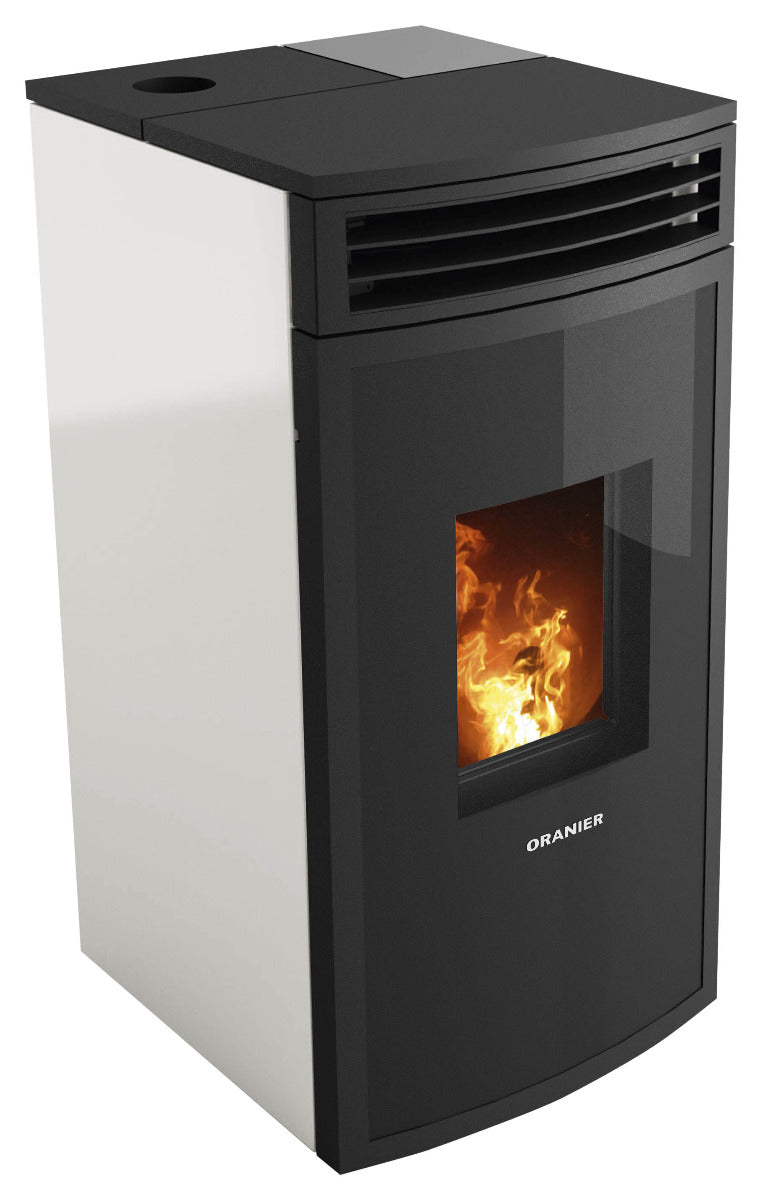 Oranier Pelletofen Neta Seidenweiß, Anschluss oben | klimaworld.com
