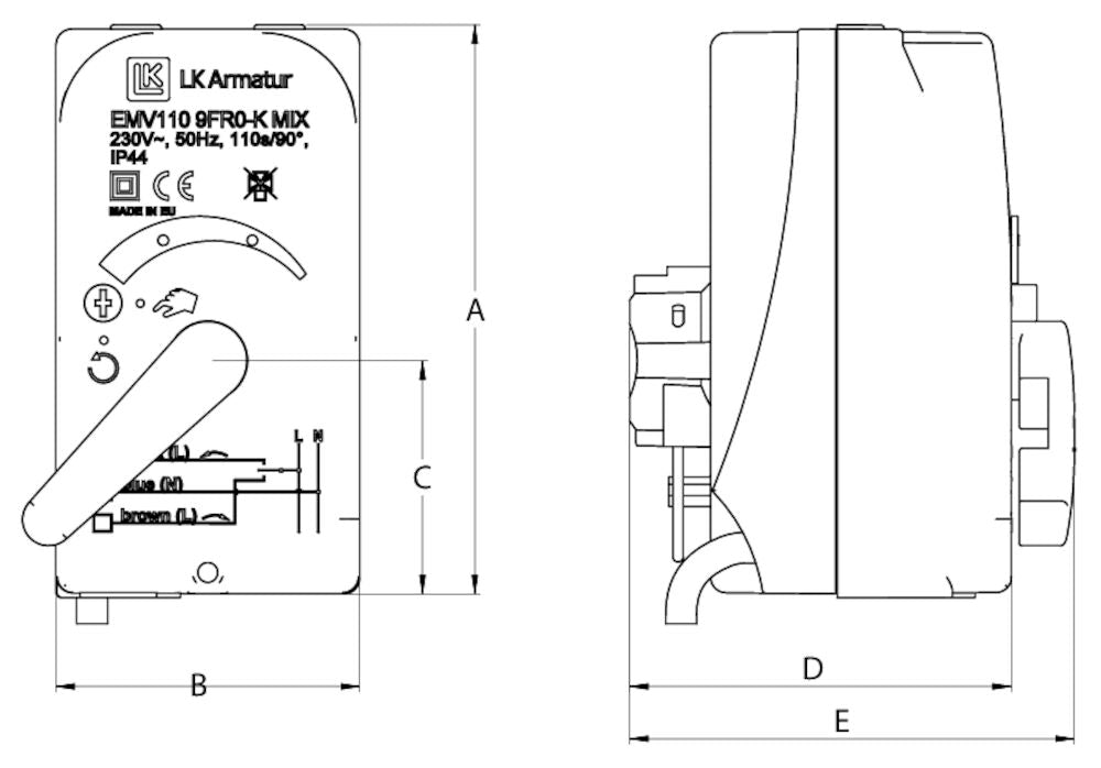 LK Armatur LK 940 C Stellmotor Maßzeichnung