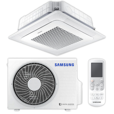 Samsung WindFree 4-Wege-Deckenkassette Set in Weiss mit quadratischem Innengeraet, Aussengeraet mit Ventilatorgitter und Fernbedienung | Klimaworld.com