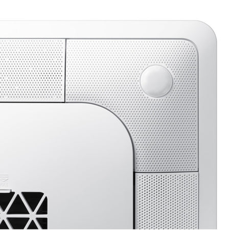 Detailansicht Samsung WindFree 4-Wege-Deckenkassette mit weisser Frontblende, gelochter Oberflaeche und rundem Sensorfeld in der Ecke | Klimaworld.com