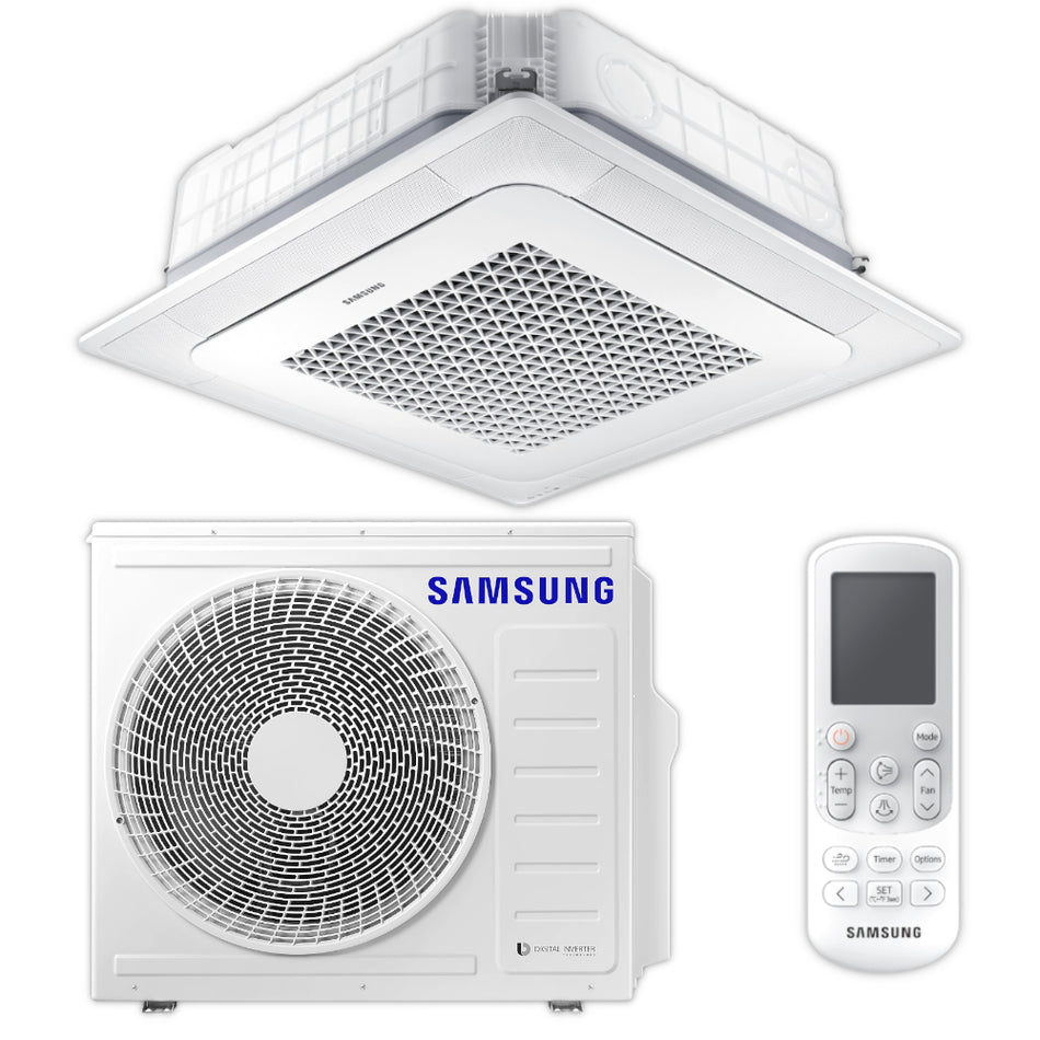 Samsung WindFree 4-Wege-Deckenkassette Set in Weiss mit quadratischem Innengeraet, Aussengeraet mit Ventilatorgitter und Fernbedienung | Klimaworld.com