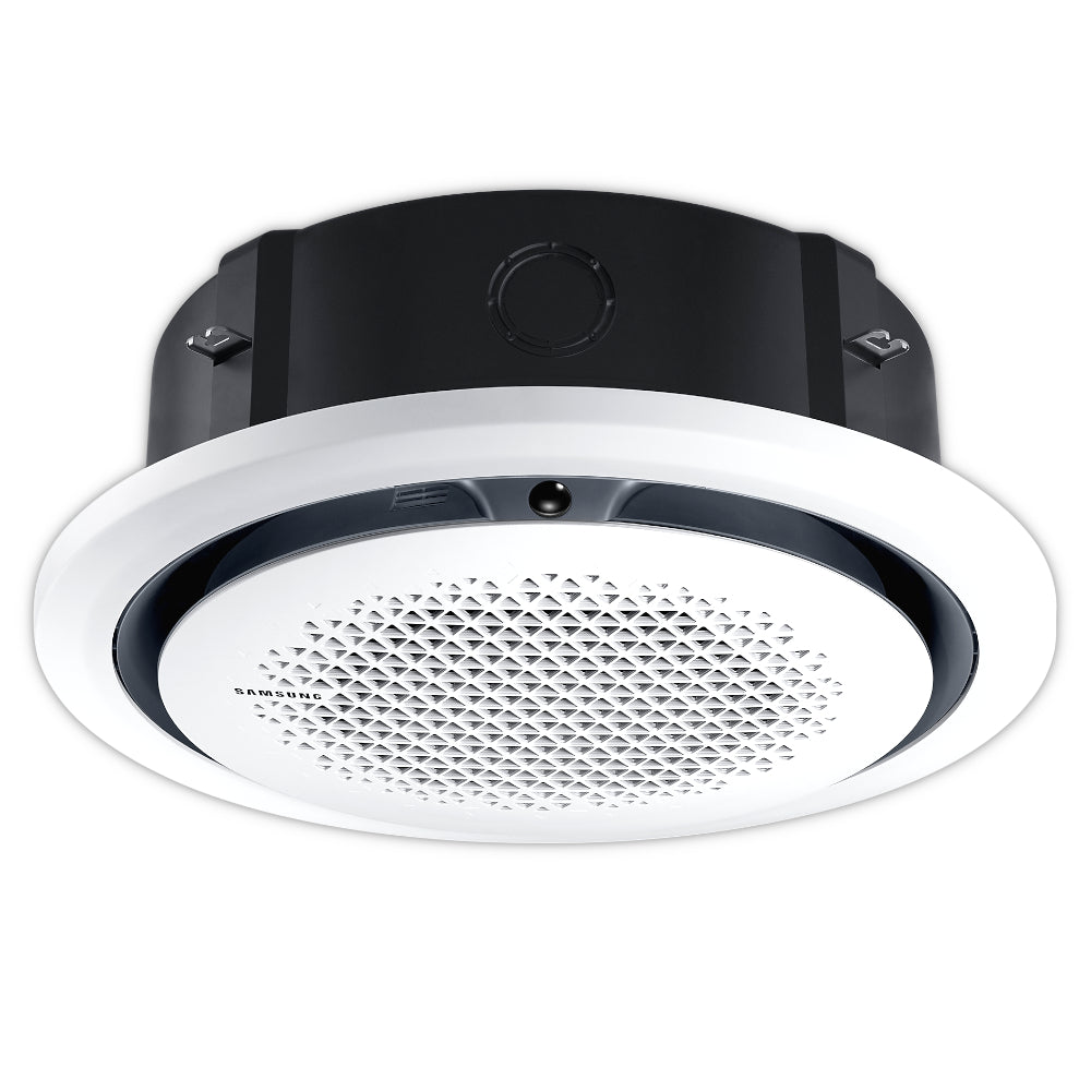 Samsung Klimaanlage 360°-Airflow-Deckenkassette WindFree: rundes Innengeraet mit weissem Gittereinsatz und schwarzem Rand | Klimaworld.com