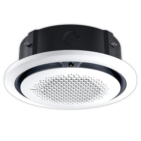 Samsung Klimaanlage 360°-Airflow-Deckenkassette WindFree: rundes Innengeraet mit weissem Gittereinsatz und schwarzem Rand | Klimaworld.com