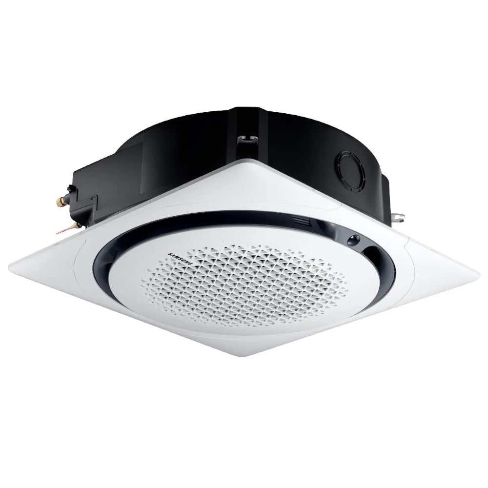 Samsung Klimaanlage 360°-Airflow-Deckenkassette WindFree: rundes Innengeraet mit weissem quadratischem Deckenrahmen | Klimaworld.com