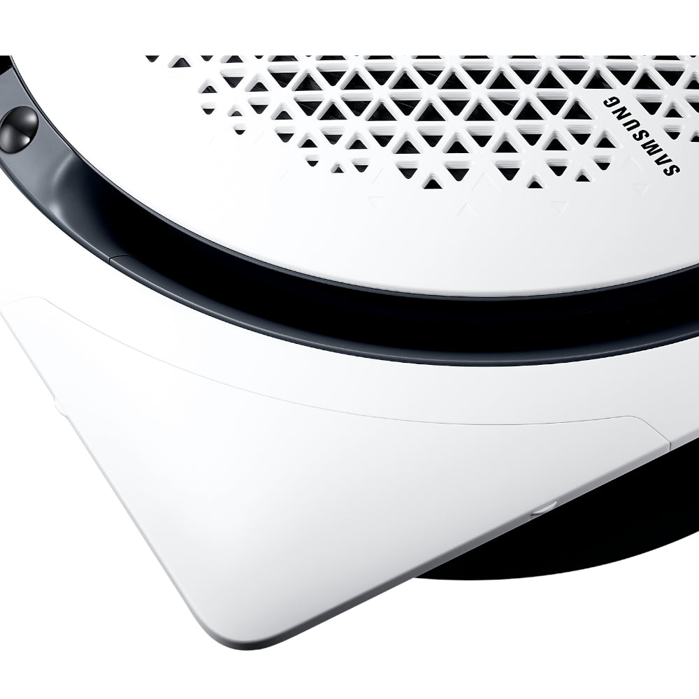 Samsung Klimaanlage 360°-Airflow-Deckenkassette WindFree Detailaufnahme weisses Frontgitter mit Luftauslass und Samsung Logo | Klimaworld.com