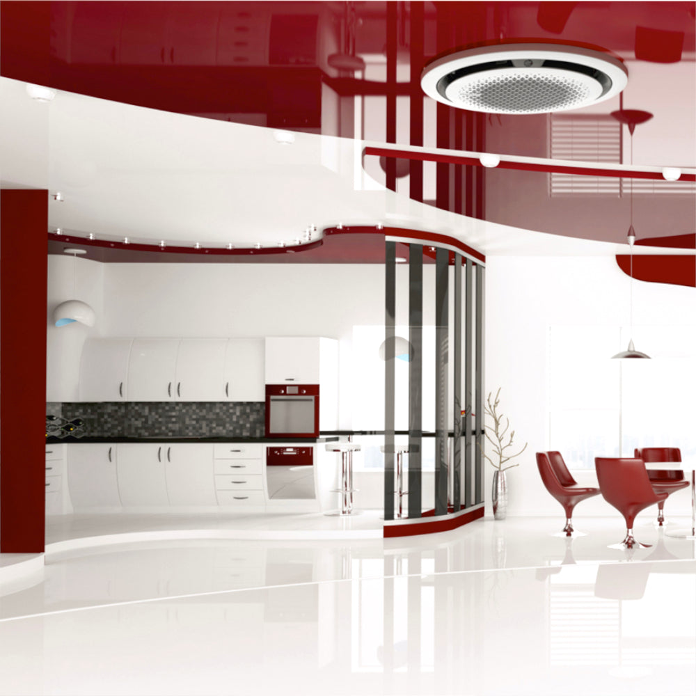 Samsung Klimaanlage 360°-Airflow-Deckenkassette WindFree Ambientebild: rundes weisses Innengeraet, montiert in moderner Kueche mit roten Akzenten | Klimaworld.com