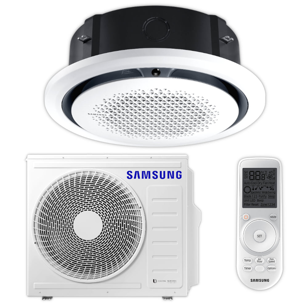 Samsung Klimaanlagen-Set: 360°-Airflow-Deckenkassette WindFree 7,1 kW rundes Innengeraet, quadratisches Aussengeraet, weisse Fernbedienung | Klimaworld.com