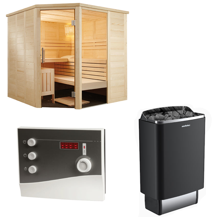 Sentiotec Sauna Set Alaska Corner mit Saunaofen 100 E und K2-Next Steuerung | klimaworld.com